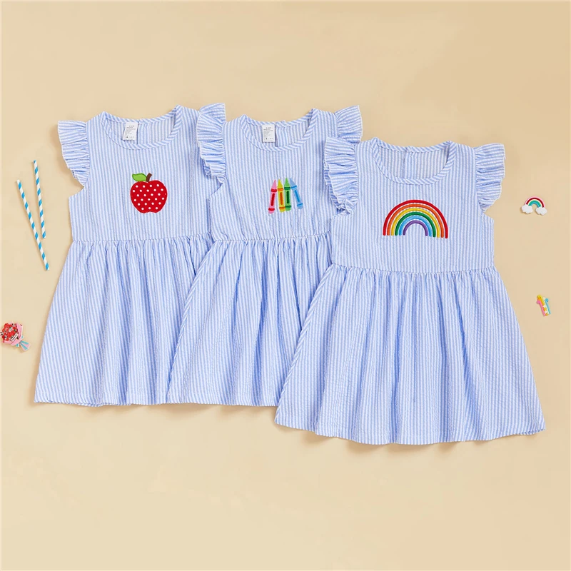 

Платье трапециевидной формы для маленьких девочек, платье трапециевидной формы с круглым вырезом и полосками, повседневное летнее платье принцессы с вышивкой, детская одежда