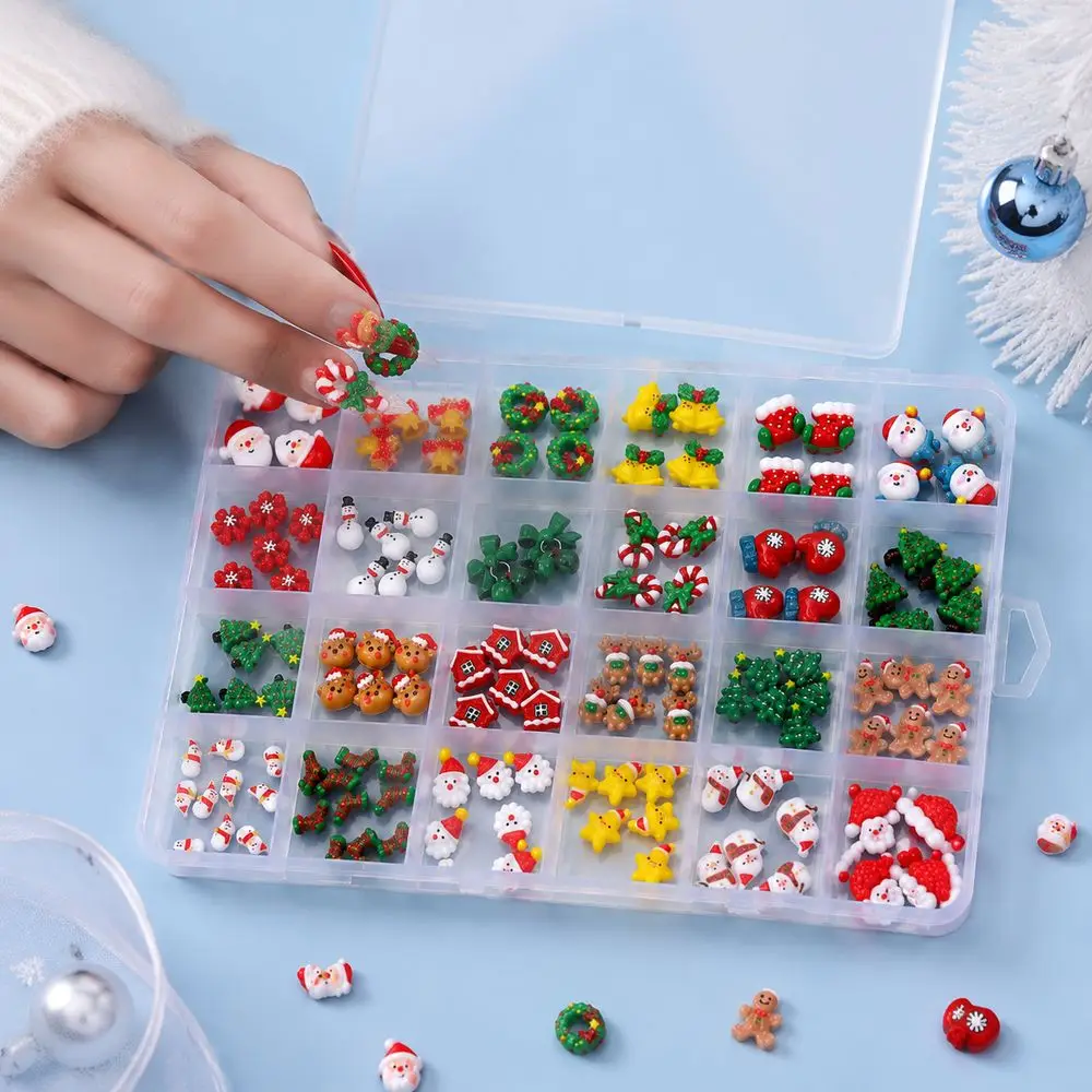 Winter Holiday Nail Charms 24Grids Mixed Resin Xmas Tree Candy Sock Mitten Design Flat Ornaments For Professional Nail Supplies