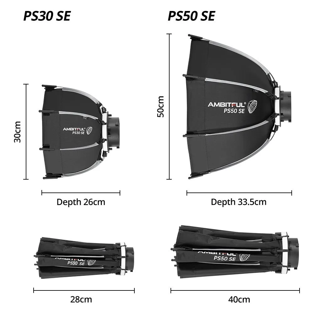 AMBITFUL 30cm PS30 SE 50cm PS50 SE Mini Quickly Release Bowens Mount Octagon Softbox + Honeycomb Grid for Flash LED Light