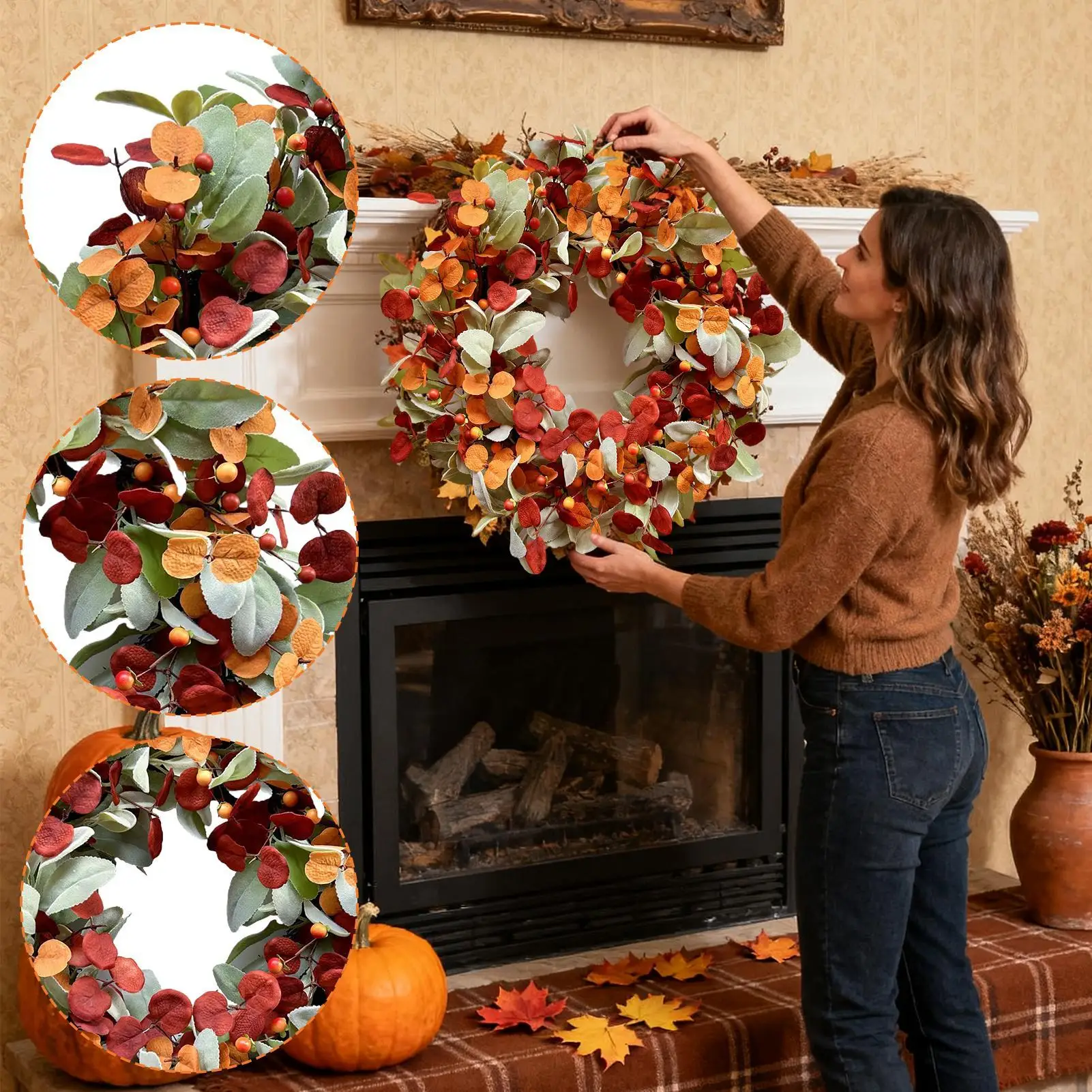 

Fall Door Wreath Thanksgiving Fall Wreath Halloween Decorations Garland Wall Decor For Outdoor Entrance Outside Indoors Kitchen