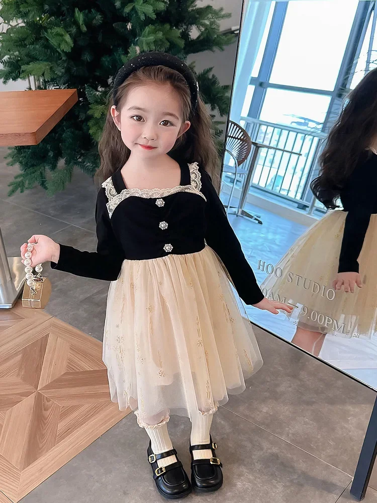 

Dresses for Girls Autumn New in 2024 Korean Style Princess Beautiful Girl Black Costume Sequin Dress Clothes 2 to 8 Years Old