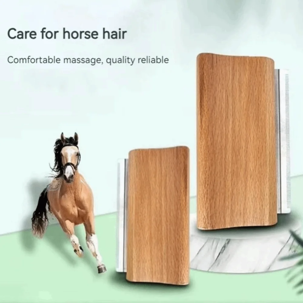 Tragbarer Tierhaarentfernungskamm mit Holzgriff, professioneller Tierhaarschneider aus Edelstahl, ergonomische Pferdepflegebürste für Zuhause und Salon