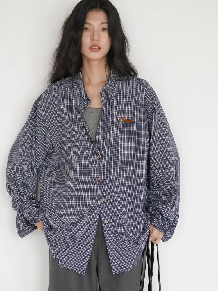 

Autumn Korean Fashion Blue Plaid Loose Versatile Cardigan Shirt Tops Women's Temperament Long Sleeved Single Breasted Top Trendy