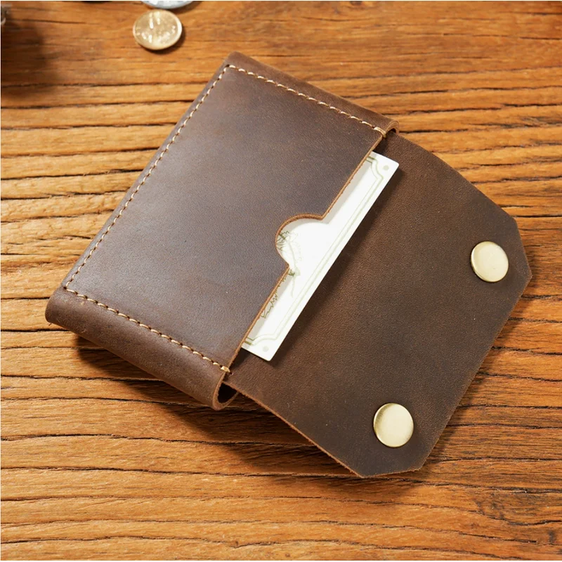 Vintage Crazy Horse Leather Simple Card Holder Genuine Leather Short Wallet Coin Purse Top Layer Cowhide Small Money Bag
