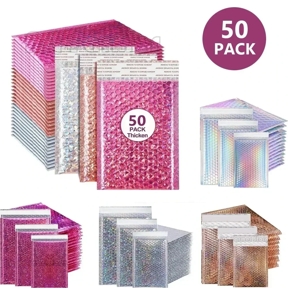 50 pezzi sacchetto di consegna Poly Mailing Kpop forniture per imballaggio autosigillanti Bubble Mailer sacchetti di spedizione olografici piccola impresa in plastica