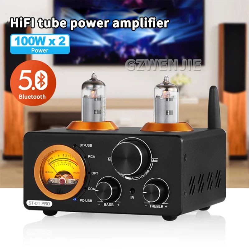 HiFi Bluetooth 5.0 Vacuum Tube Amplifier USB DAC Stereo Receiver COAX/OPT Home Audio Digital Amp w/VU Meter 100W+100W