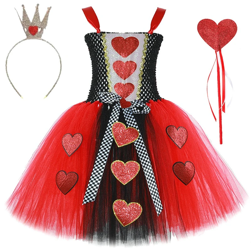 Queen Of Hearts Costume Girls Kids Halloween Carnival Party Fancy Princess Dress Up Clothes Girl Wonderland Red Queen Tutu Dress view 6