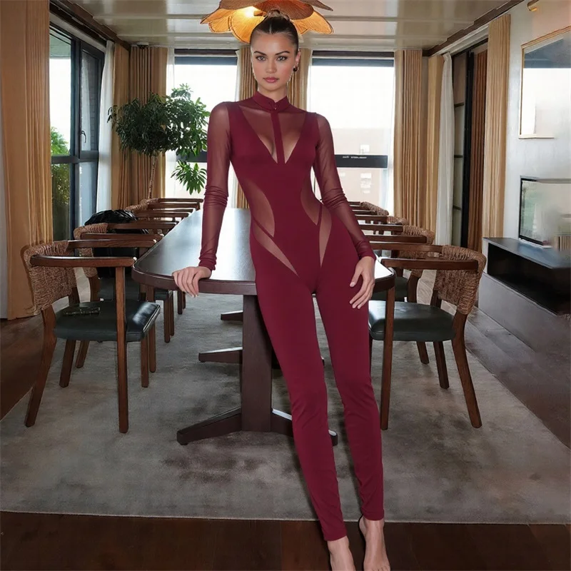 

Женский комбинезон для выпускного вечера, сексуальное прозрачное платье с длинными рукавами, официальные свадебные брюки для гостей, осень-осень, банкетное свадебное пальто с высоким воротником