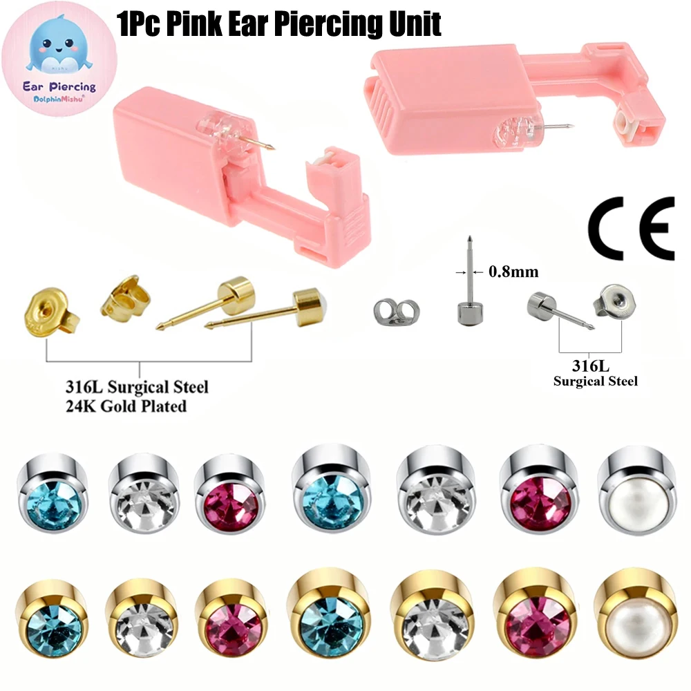 1PC DolphinMishu Disposable Safe Ear Piercing Pink Gun Unit 316L Stainless Steel Ear Stud  with Crystal Ear Puncture Kit