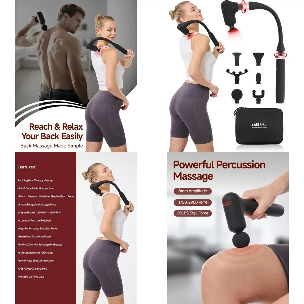 

Массажный пистолет 2-в-1 с подогревом для глубокого расслабления тканей - портативный массажер для шеи и спины с выдвижной ручкой