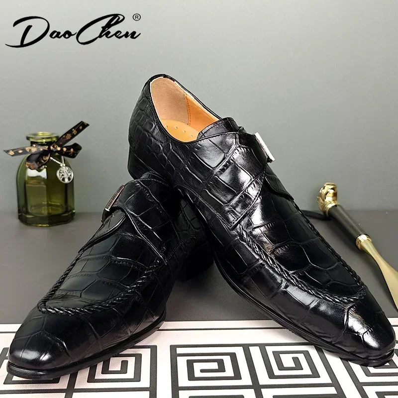 Luxury Men Shoes Slip-On Black Crocodile Print Woven Pattern Loafers Mens Dress Shoes Wedding Office Leather Shoes Men