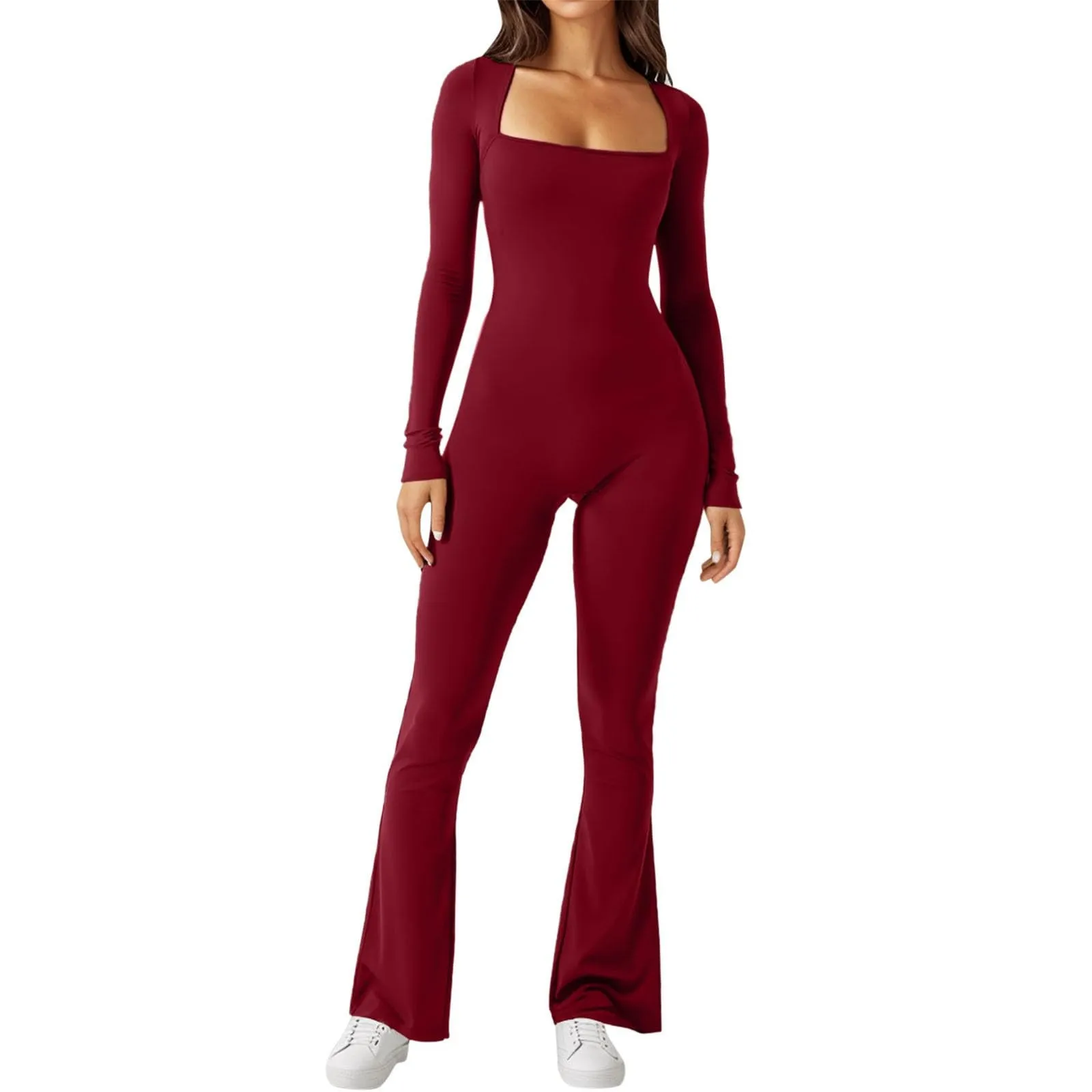 Square Neck Bodycon Jumpsuit Buttocks Lifting Women Long Sleeve Jumpsuit Tight-Fitting Basic Bodysuit Casual Style Daily Outfit