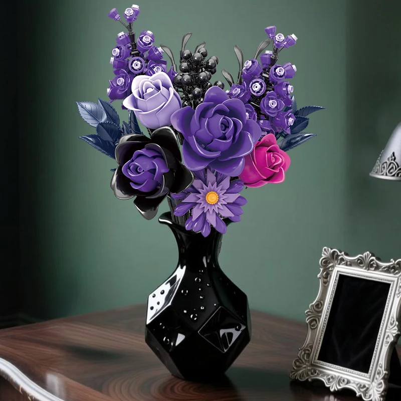 Zestaw do budowania fioletowej róży dla dorosłych, ciemny, elegancki model bukietu, romantyczny prezent, dekoracja na biurko, sztuka kwiatowa, przedmiot kolekcjonerski.