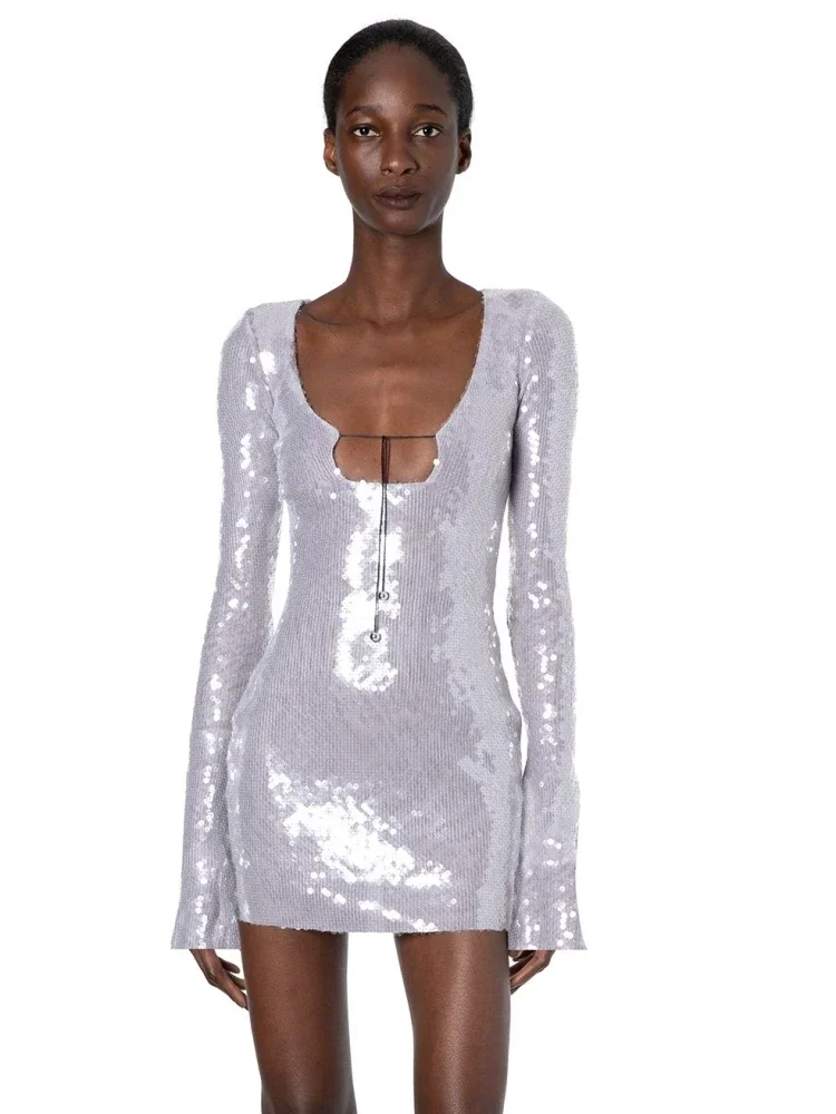 Sexy decote em v rendas lantejoulas mini vestido feminino prata cinza lantejoulas sheer boaycon vestido primavera elegante festa noite clube vestidos