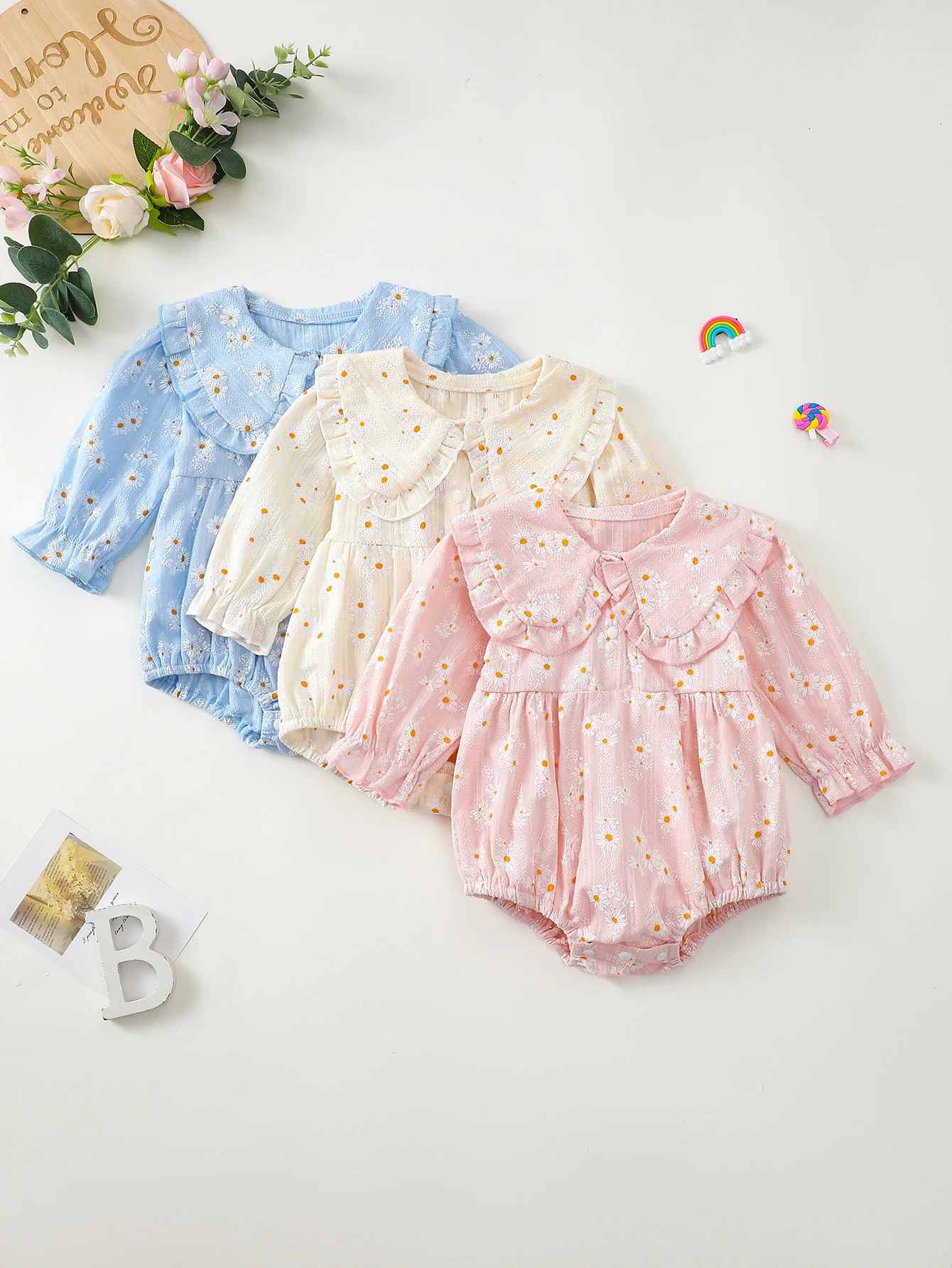 

Baby Girl Spring Autumn Long Sleeve Ruffle Trim Onesie Infant Clothing Romper Suit with Pockets