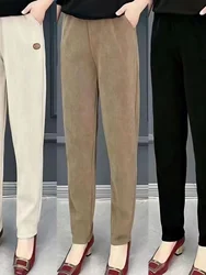 두꺼운 양털 안감 하란 팬츠 여성 캐주얼 바지 맘 스타일 가을 겨울 신상 루즈핏 하이웨이스트 나인 팬츠