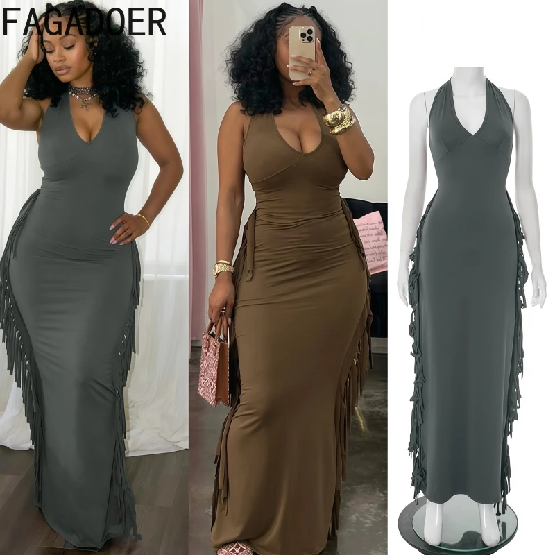

FAGADOER Summer New Sexy Tassel Patchwork Long Dress Women Halter Deep V-neck Sleeveless Dresses Female Nightclub Vestidos New