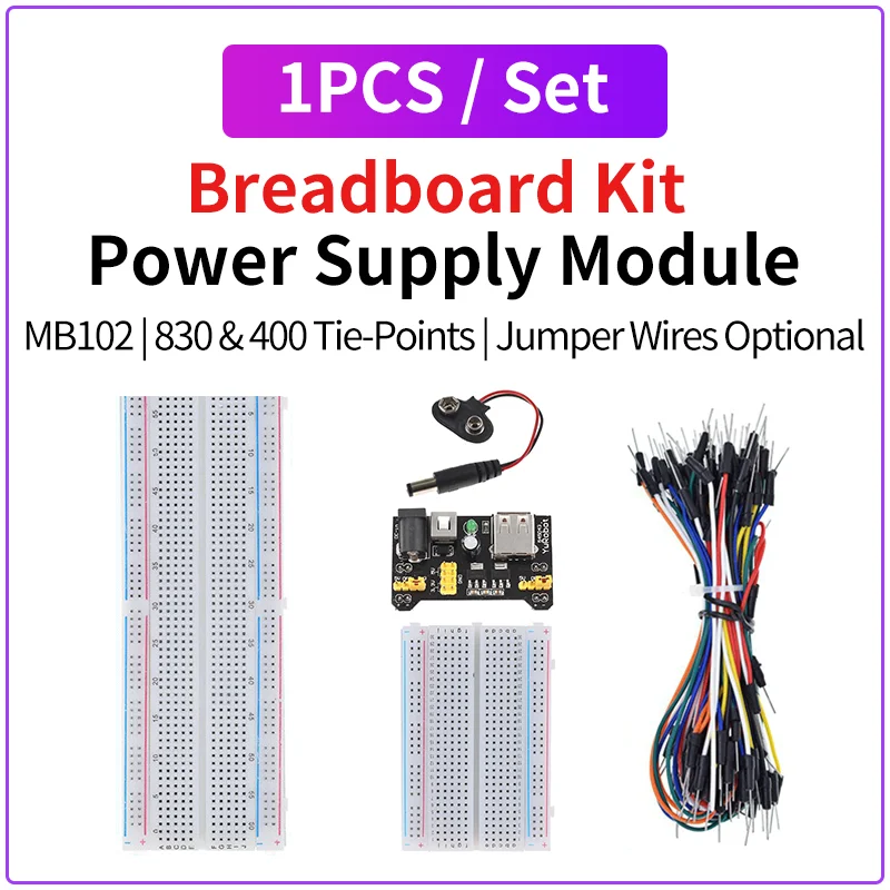 MB102 Breadboard Power Supply Module + MB-102 830/400 Points Solderless Breadboard Kit with 65 Flexible Jumper Wires 3.3V/5V