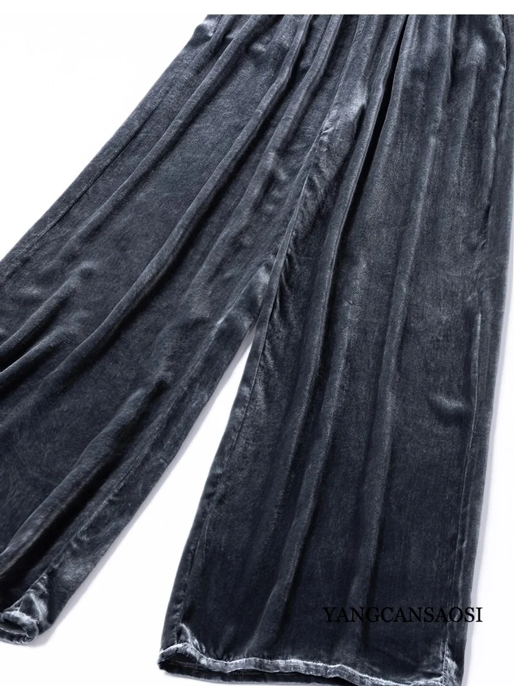 Women's Fashion Autumn Clothing Skin Friendly 30% Natural Mulberry Silk Velvet Dark Gray Retro Versatile Straight Leg Pants