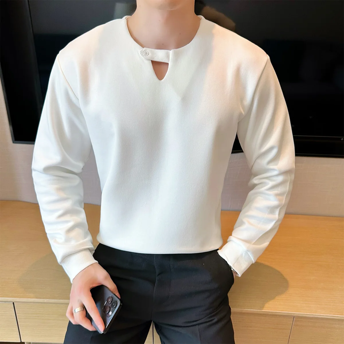 

2025 Autumn Winter Men's Round Neck Sweatshirts Solid Color Versatile Casual Business Long Sleeve T-shirt Top Social Sweatshirt