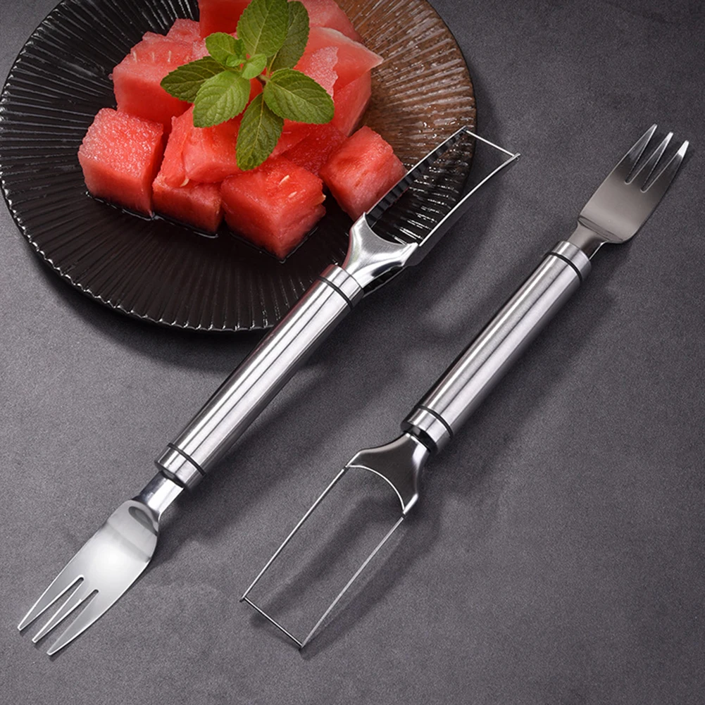 

F2 2Pc 2-in-1 Watermelon Fork Cutter Stainless Steel Watermelon Slicer Portable Lightweight Tableware Kitchen Fruit Cutter Knife