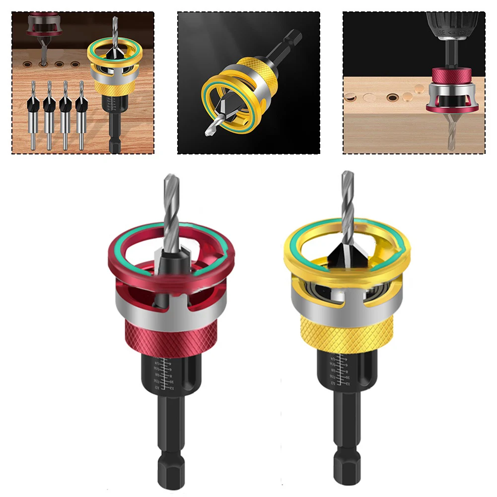 

5 шт., четырехлезвые потайные сверла с регулируемой глубиной, твердосплавные сверла с шестигранным хвостовиком и ограничителем глубины трения для деревообработки