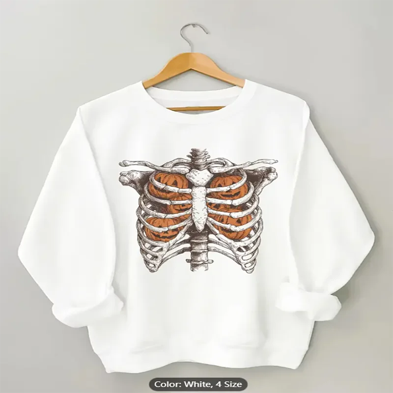 Womens Sweatshirt Skeleton Pumpkin Ribcage Graphic Print Casual Oversized Pullover Top for Halloween Style Lovers Pure Cotton
