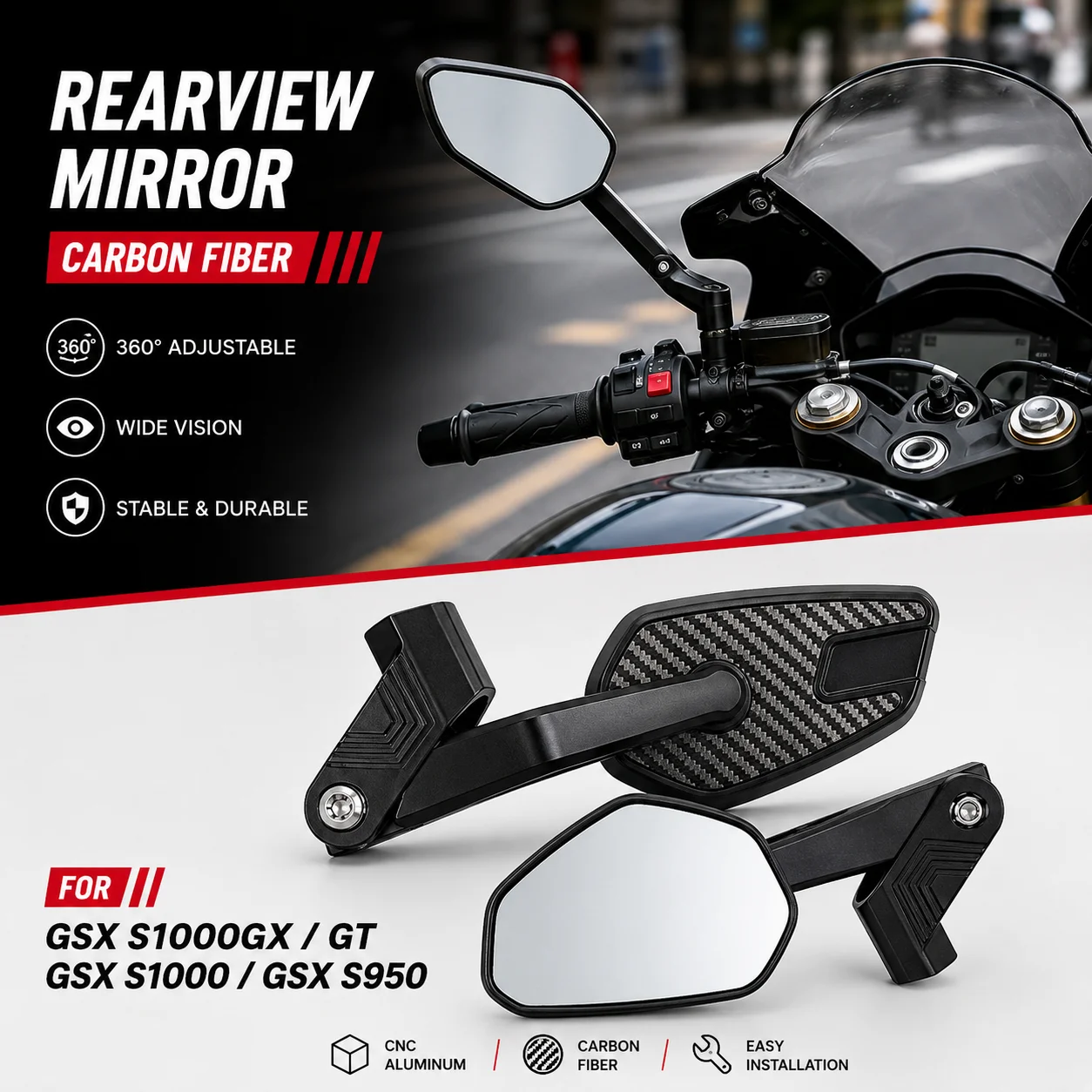 Carbon Fiber New For SUZU‘KI GSX S1000GX GT GSX S1000 GSX S950 Universal Mirror Modification Aluminum Alloy Rearview Mirror
