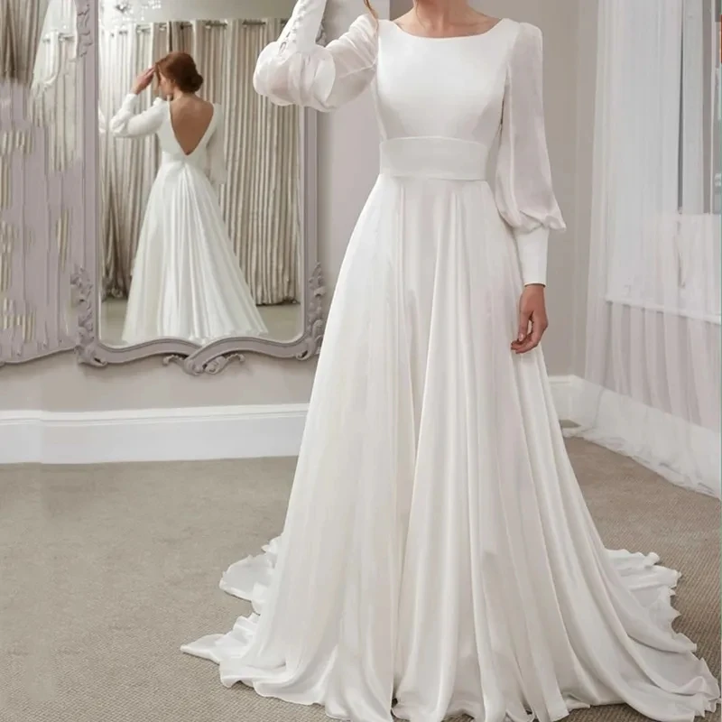 Flavinke Elegant Long Sleeve Wedding Dresses 2025 Floor-Length Chiffon Bride Gown Vestidos Novia Robe De Mariée