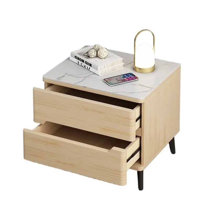 Solid Wood Sintered Stone Nightstand Modern Painted Bedroom Side Table with Soft Close Drawer Storage Furniture
