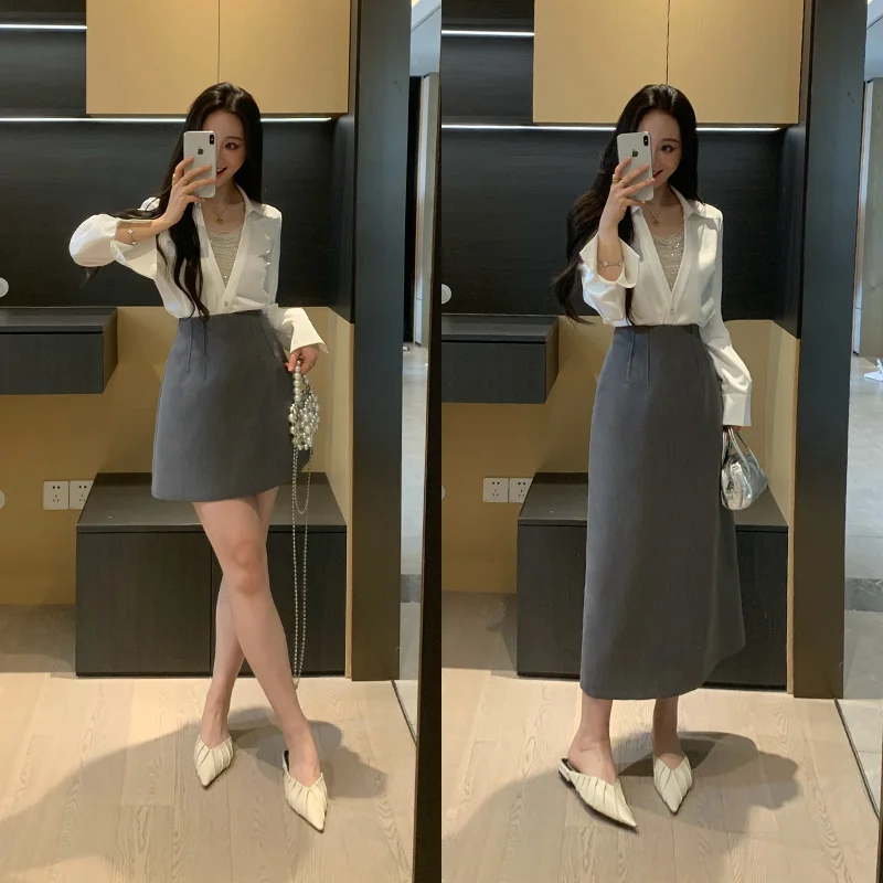 

XINYI Starry Night Beaded Satin Shirt High Waist Slimming Skirt Set Women's Fashion Casual Style Two-Piece Ensemble