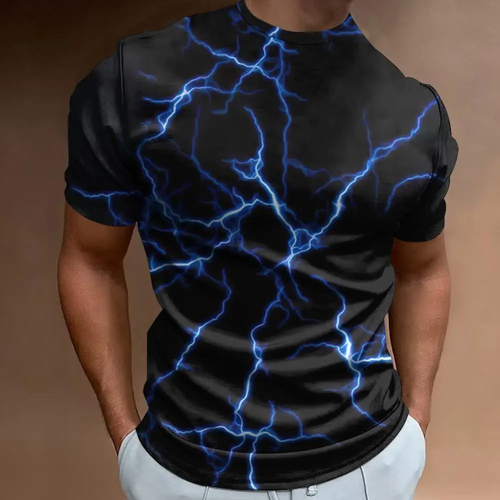 Lightning Pattern Print Short Sleeve T-Shirt For Men Fashion Men's T-Shirt Street Casual Male Clothes Loose Oversized Tees 2024