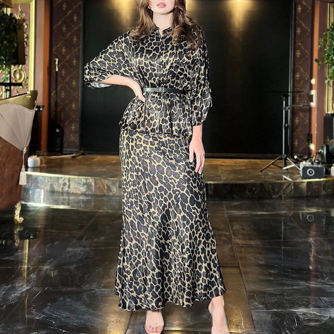 Women Leopard Print Full Sleeve Dress Shirt High Waist Half Body Skirt Suit Elegant Sexy Ladies Casual Autumn Long Skirts