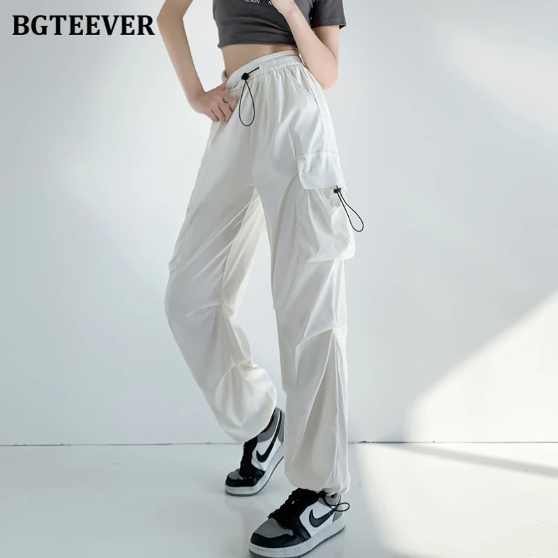 BGTEEVER Stylish Elastic High Waist Ladies Drawstring Wide Leg Trousers Summer Fashion Pockets Straight Cargo Pants Women