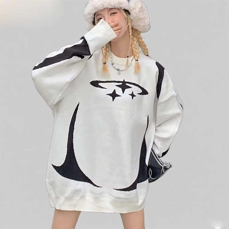 

Winter Harajuku Oversized Pullover Sweater Unisex Aesthetic Casual Clothes Women's Vintage Knitwear Y2K Stars Graphic Sweaters