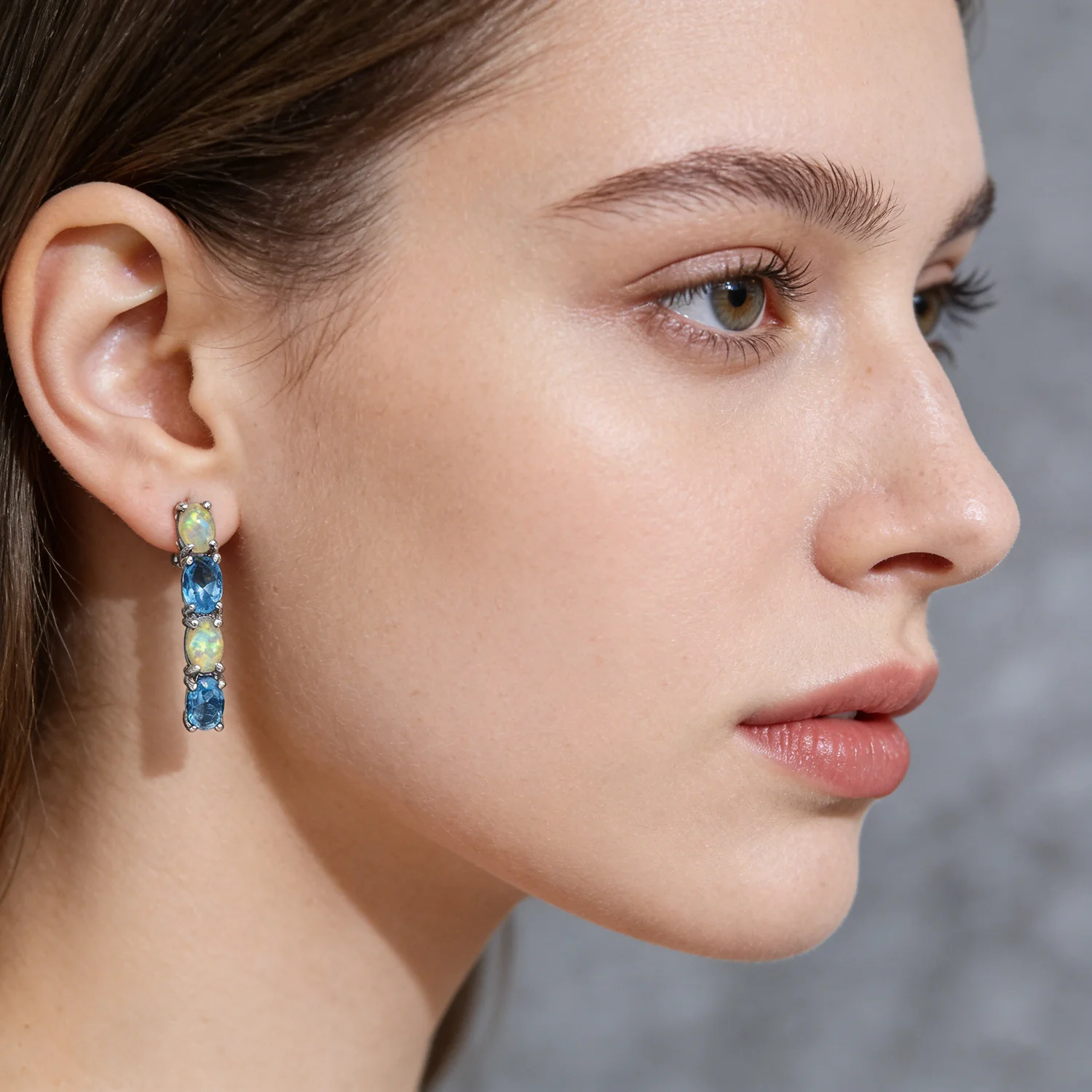 Sapphire and Opal Stud Earrings for Women,4-Stone Alternating Blue Gemstone and Fire Opal Earrings,Elegant Minimalist Jewelry