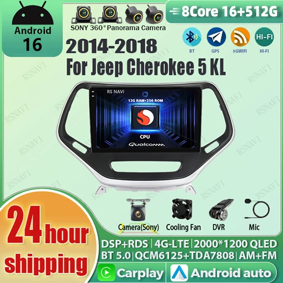 Android 16 Carplay Auto Qualcomm 2K QLED Screen Car Radio Player For Jeep Cherokee 5 2014-2018 GPS Wifi Multimedia 4G Stereo BT