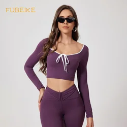 FUBEIKE Sports Shirt Woman Long Sleeve Seamless Round Neck Casual Yoga Clothes Gymwear Quick-Dry Running Workout Sportswear