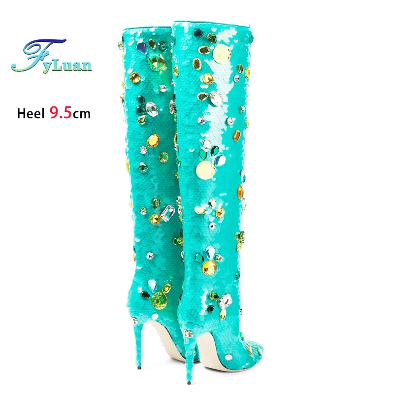 2025 New Sequins Long Boots Green 9.5CM Thin Heels Luxury Women Pointed Party Shoes Colored Gemstone Knee-high Boots For Ladies