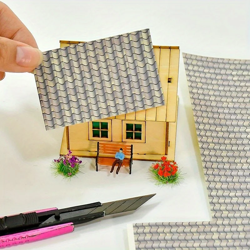 1 hoja de azulejos de película decorativa autoadhesiva para modelo, papel de azulejos de techo en miniatura 1:12, azulejos de película para fabricación de modelos