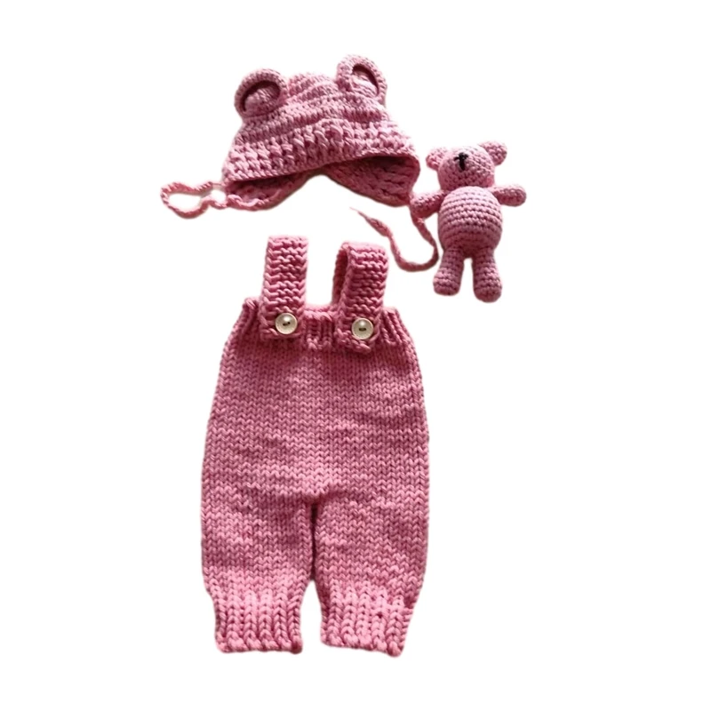 

Baby Photo Costume Set Knit Suspender Jumpsuit Beanie Hat Bear Newborn Photo Props Skin-Friendly Photoshoots Outfit