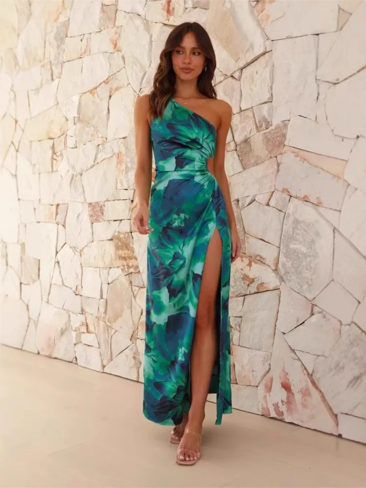 

Foreign Style Beach Vacation Dress For Woman Summer Sexy Slanted Collar Sleeveless Long Dresses Ladies Print Slit Hem Vestidos