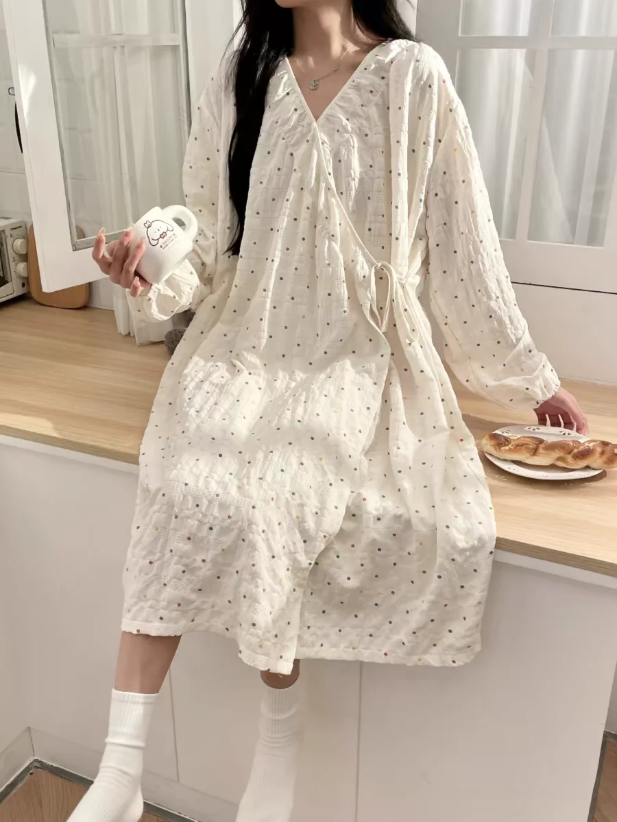 Robe Women's Kimono Nightgown Polka Dot Long Sleeve Home Clothes Pajama Lingeries Pajamas Cute Loose Sleepwear Robes Ladies Lady 4