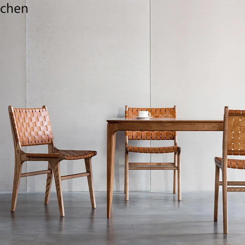 TQH7.2 Saddle Leather Dining Chair Home Solid Wood Creative Vintage casual Backrest Woven Chair