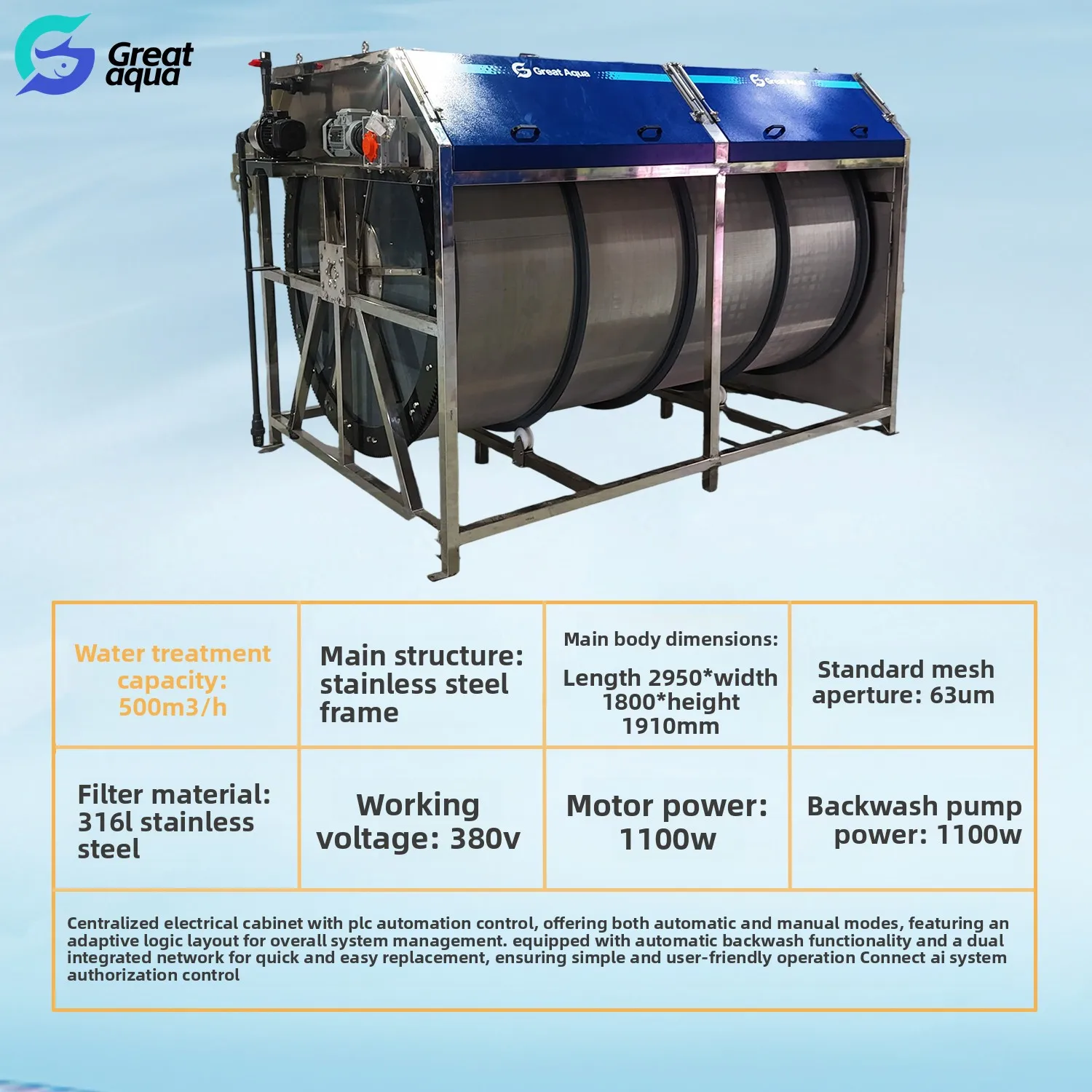 Grote drumfilter Groothandel Intelligentie Vislandbouwapparatuur Terugspoeling Roterende Drun-filter
