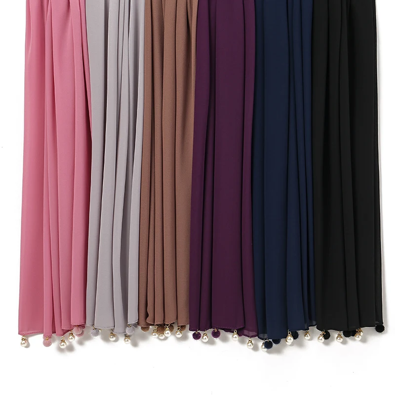 Lenços islâmicos chiffon simples e elegantes para mulheres, grande decoração de pérolas, hijab feminino, xale longo, lenço muçulmano frisado, miçangas, 180x70cm