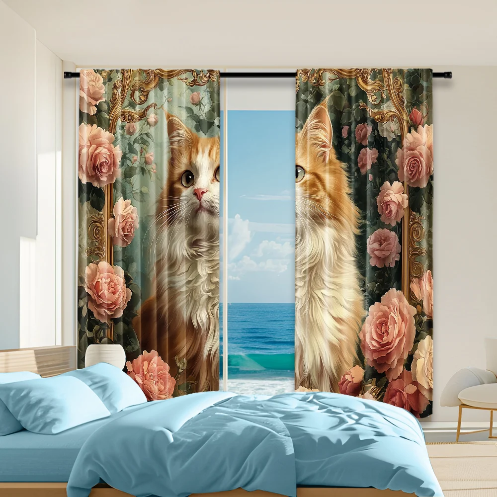 2 pcs, versatile polyester transparent curtains for home decoration Rose Cat for use in bedrooms and living rooms