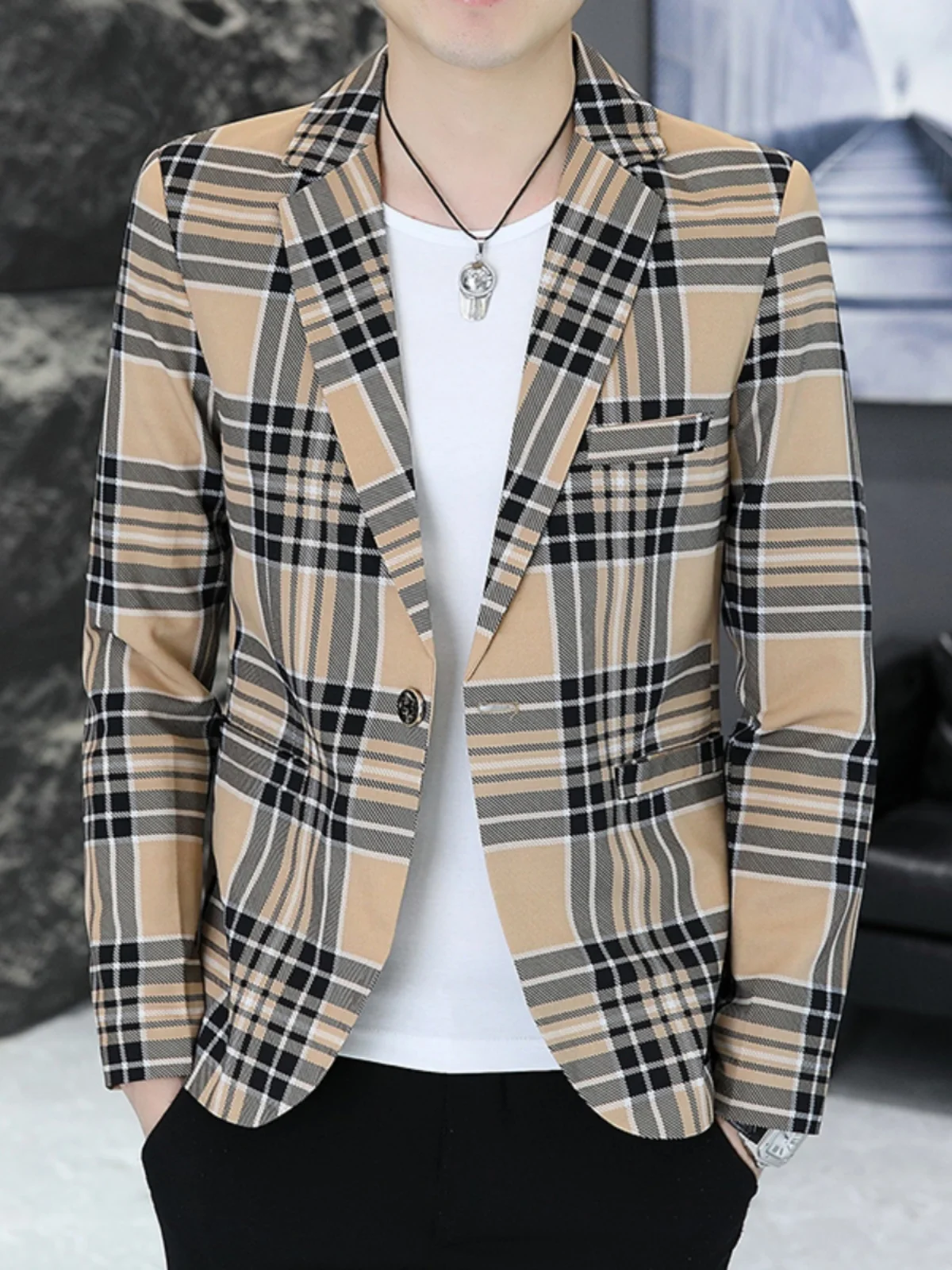 

Мужской клетчатый приталенный повседневный жакет на весну-осень, однобортный, модный, в корейском стиле, вязаный, не требует глажки