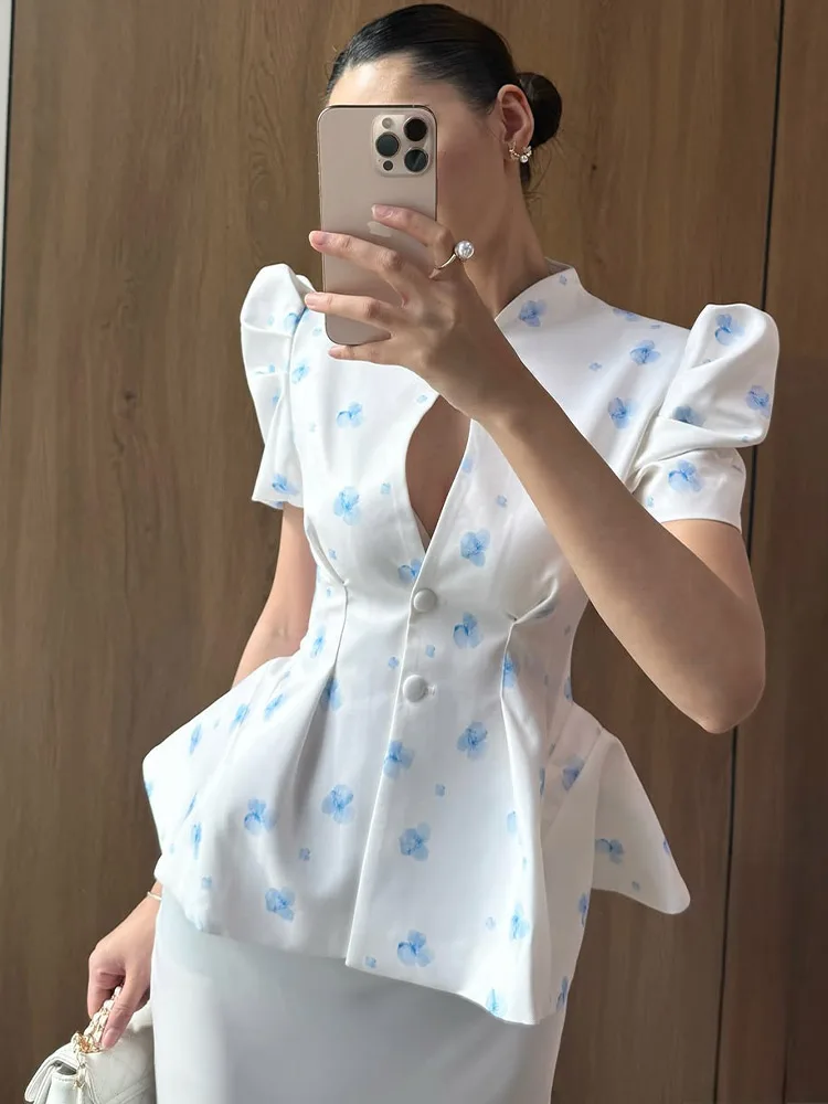 

Elegant Women Printed Coat V-neck Single Breasted Short Sleeve Cinched Waist Slim Female T-shirt Chic Lady Office Party Clothes