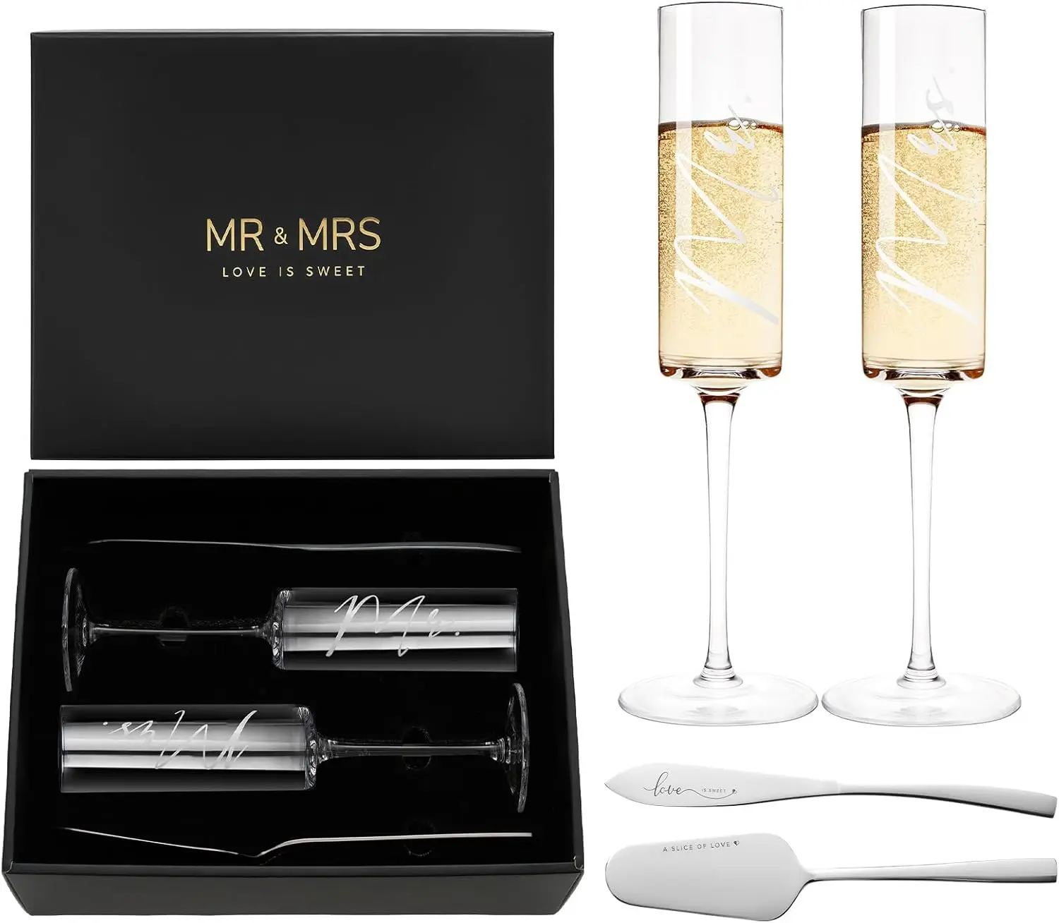 

Wedding Gifts for Newlyweds 2025, Mr & Mrs Champagne Flutes, Silver Cake Knife Set with Box